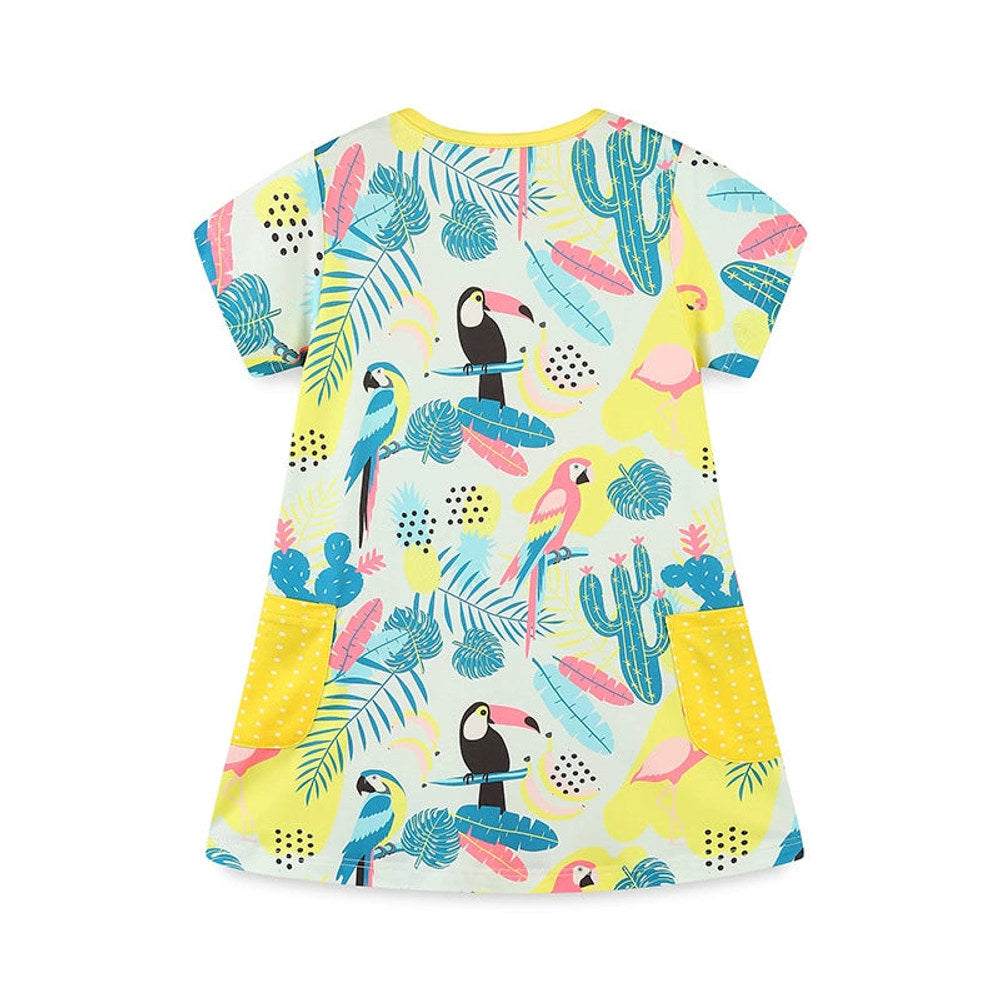 MyKids-USA® Colorful Jungle Cartoon Pattern Short Sleeves Dress for Stylish Girls