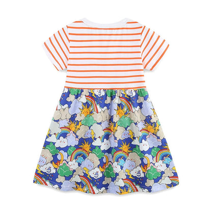 MyKids-USA® Striped and Cartoon Clouds Pattern Short Sleeves Color Patchwork Dress for Stylish Girls