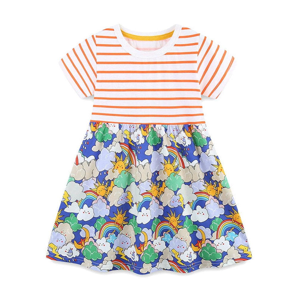 MyKids-USA® Striped and Cartoon Clouds Pattern Short Sleeves Color Patchwork Dress for Stylish Girls