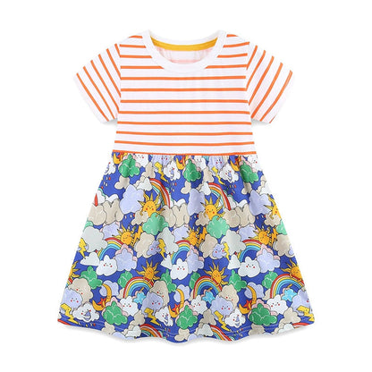 MyKids-USA® Striped and Cartoon Clouds Pattern Short Sleeves Color Patchwork Dress for Stylish Girls