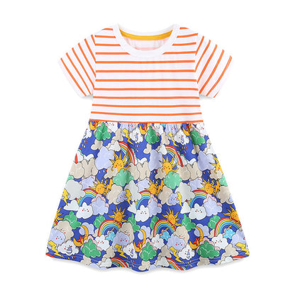 MyKids-USA® Striped and Cartoon Clouds Pattern Short Sleeves Color Patchwork Dress for Stylish Girls
