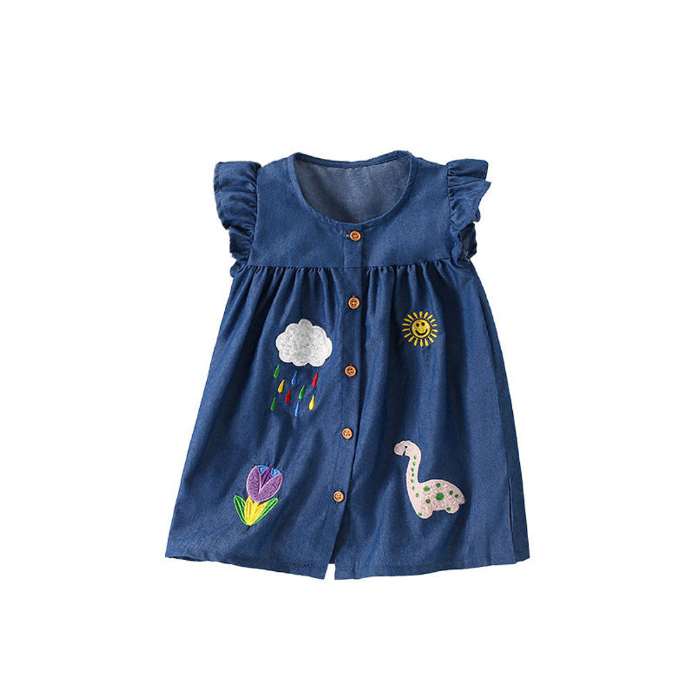 MyKids-USA® Embroidered Pattern Fly Sleeves Single Breasted Dress for Stylish Girls