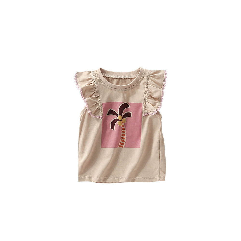 MyKids-USA® Summer Arrival Girls’ Palm Tree Cartoon Pattern Fly Sleeves T-shirt in European and American Style