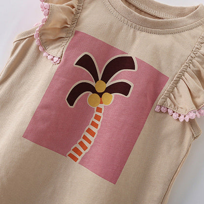 MyKids-USA® Summer Arrival Girls’ Palm Tree Cartoon Pattern Fly Sleeves T-shirt in European and American Style