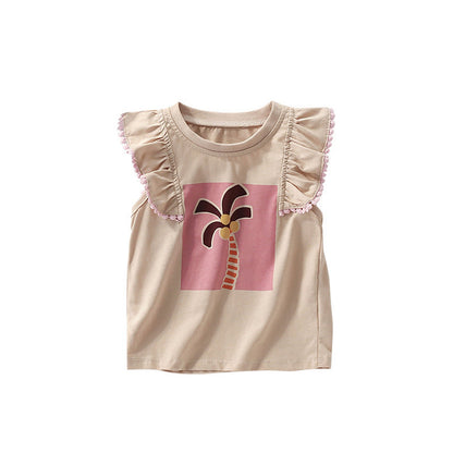 MyKids-USA® Summer Arrival Girls’ Palm Tree Cartoon Pattern Fly Sleeves T-shirt in European and American Style