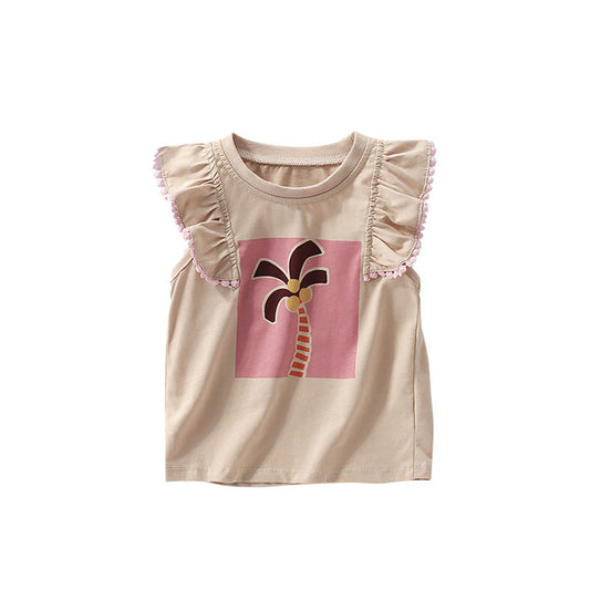 MyKids-USA® Summer Arrival Girls’ Palm Tree Cartoon Pattern Fly Sleeves T-shirt in European and American Style