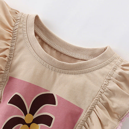 MyKids-USA® Summer Arrival Girls’ Palm Tree Cartoon Pattern Fly Sleeves T-shirt in European and American Style