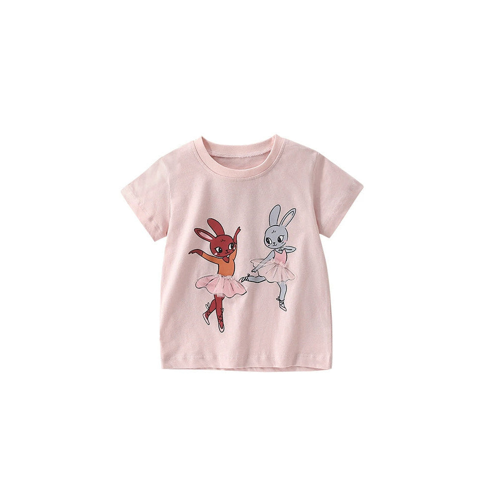 MyKids-USA® Girls’ Rabbit Dancers Cartoon Pattern Short Sleeves T-shirt in European and American Style
