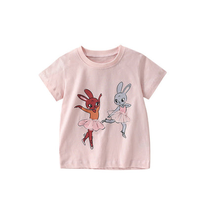 MyKids-USA® Girls’ Rabbit Dancers Cartoon Pattern Short Sleeves T-shirt in European and American Style