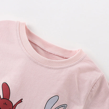 MyKids-USA® Girls’ Rabbit Dancers Cartoon Pattern Short Sleeves T-shirt in European and American Style