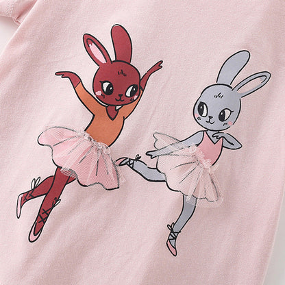 MyKids-USA® Girls’ Rabbit Dancers Cartoon Pattern Short Sleeves T-shirt in European and American Style