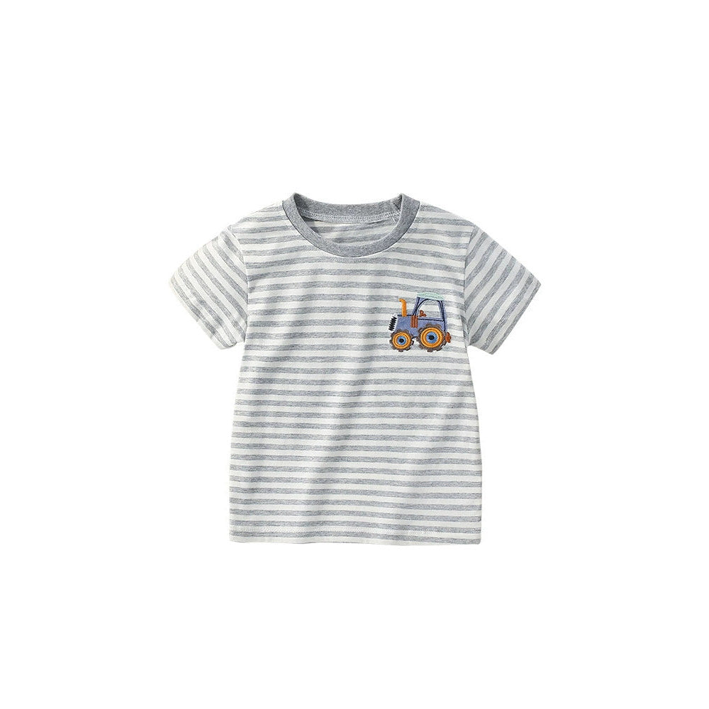 MyKids-USA® Summer Arrival Boys’ Tractor Cartoon Pattern Striped T-shirt in European and American Style