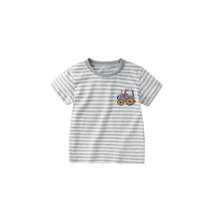 MyKids-USA® Summer Arrival Boys’ Tractor Cartoon Pattern Striped T-shirt in European and American Style