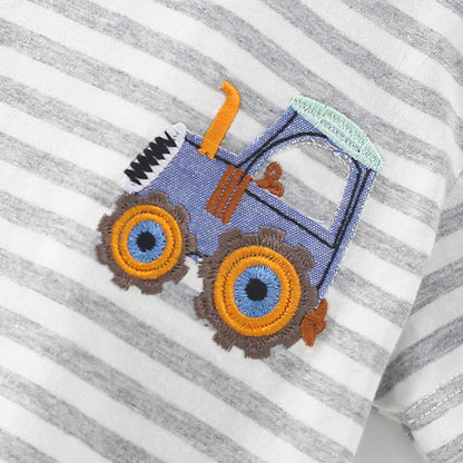 MyKids-USA® Summer Arrival Boys’ Tractor Cartoon Pattern Striped T-shirt in European and American Style