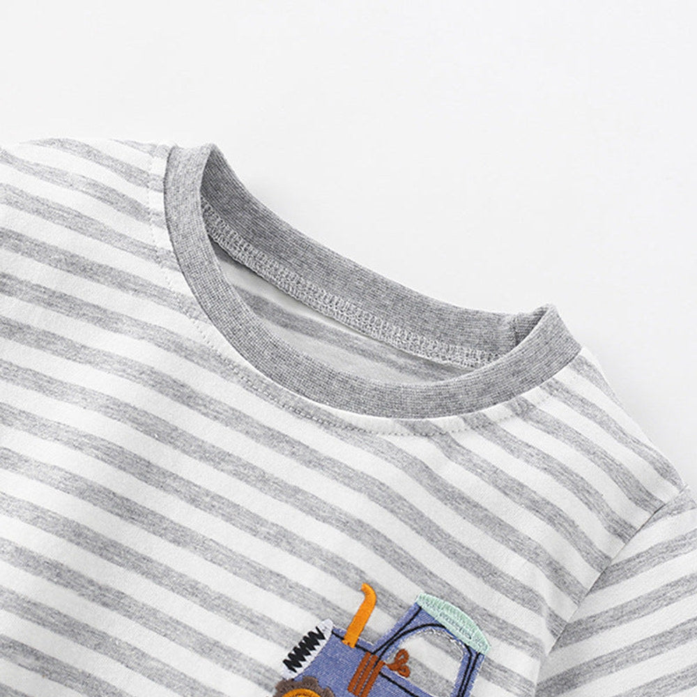 MyKids-USA® Summer Arrival Boys’ Tractor Cartoon Pattern Striped T-shirt in European and American Style