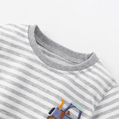 MyKids-USA® Summer Arrival Boys’ Tractor Cartoon Pattern Striped T-shirt in European and American Style