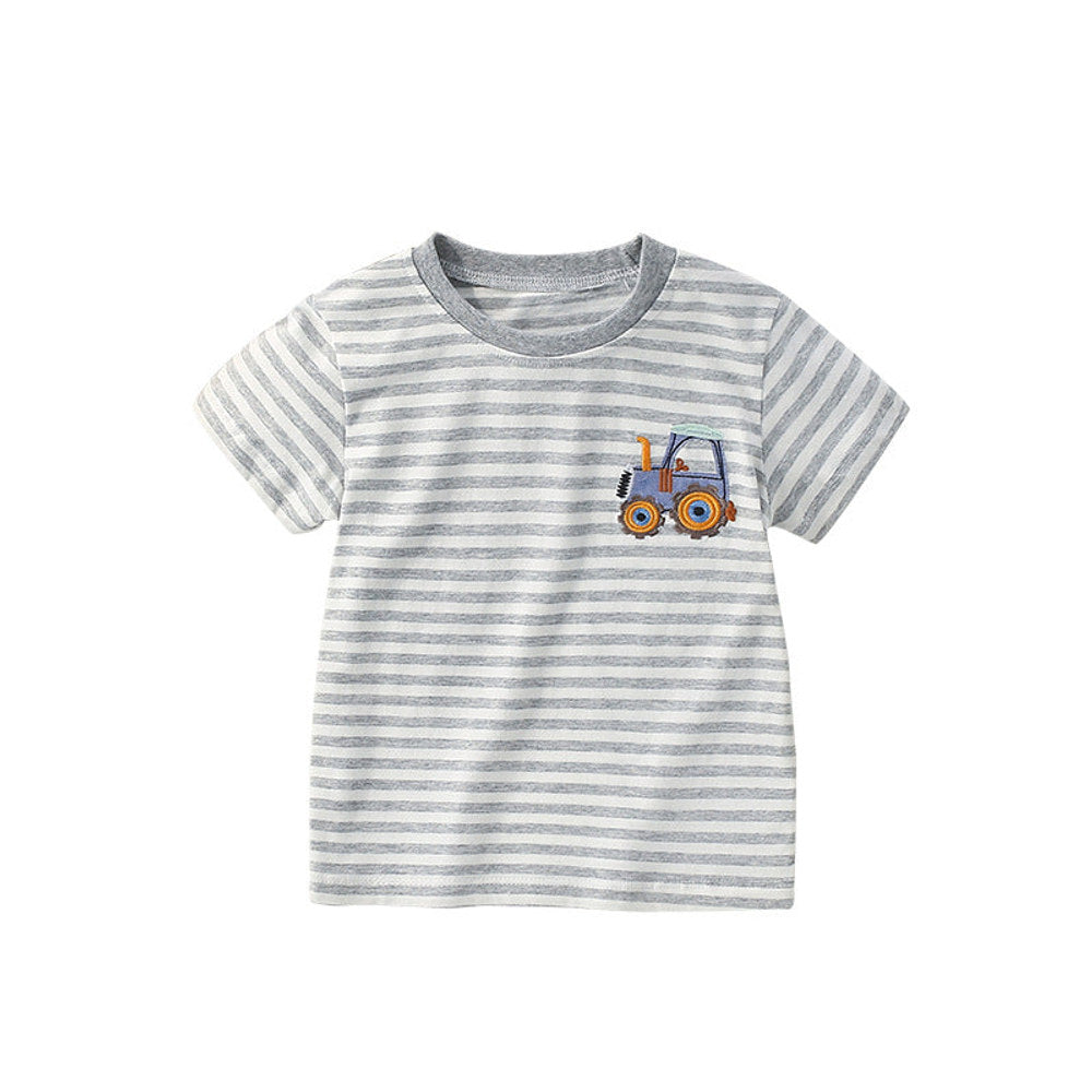 MyKids-USA® Summer Arrival Boys’ Tractor Cartoon Pattern Striped T-shirt in European and American Style