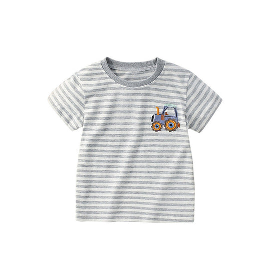MyKids-USA® Summer Arrival Boys’ Tractor Cartoon Pattern Striped T-shirt in European and American Style