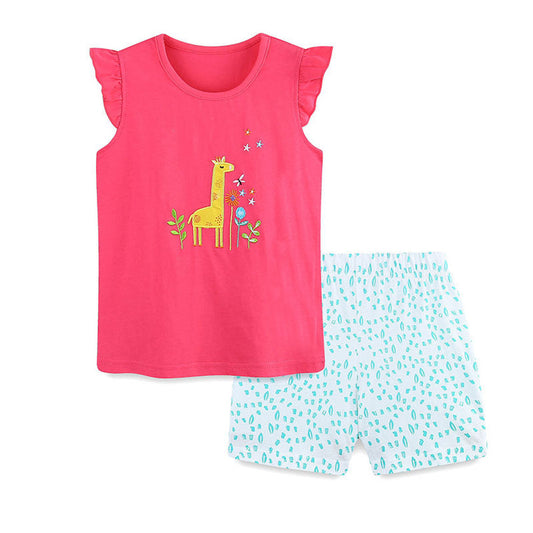 MyKids-USA® Baby Kids Cute Giraffe Cartoon Pattern Vest and Floral Shorts Clothing Set for Girls