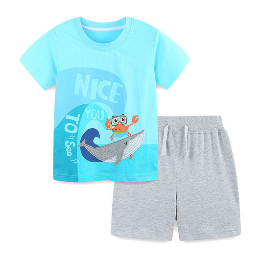 MyKids-USA® Baby Kids Cartoon Marine Animals Pattern T-shirt and Plain Shorts Casual Clothing Set for Boys