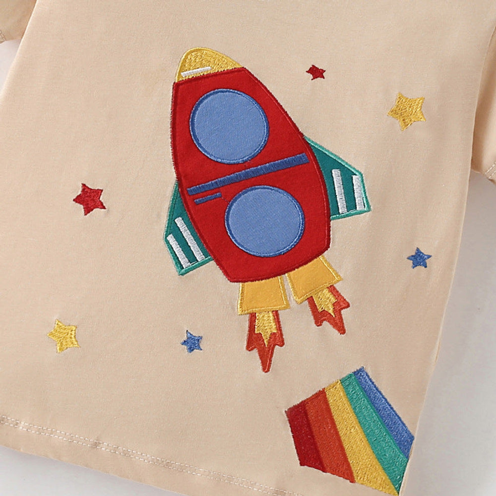 MyKids-USA® Summer Arrival Boys’ Rocket and Stars Cartoon Pattern T-shirt in European and American Style