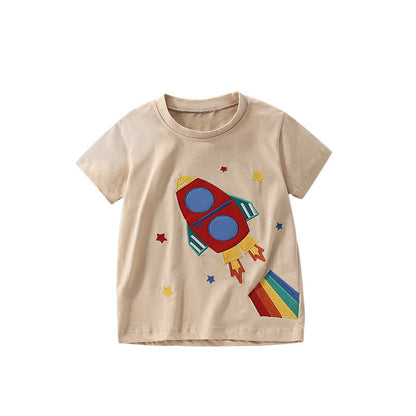 MyKids-USA® Summer Arrival Boys’ Rocket and Stars Cartoon Pattern T-shirt in European and American Style