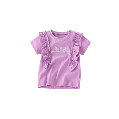 MyKids-USA® Girls’ Flowers and Letters Embroidered Pattern Short Sleeves T-shirt in European and American Style