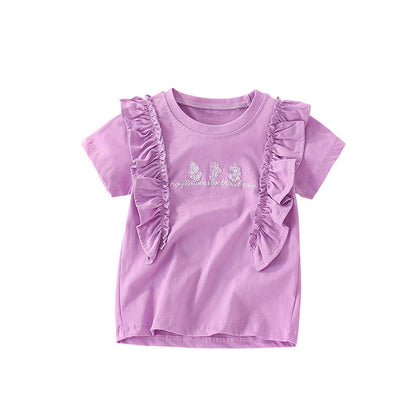 MyKids-USA® Girls’ Flowers and Letters Embroidered Pattern Short Sleeves T-shirt in European and American Style