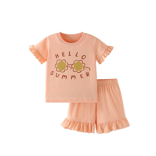 MyKids-USA® Baby Kids Flowers and Letters Pattern T-shirt and Solid Color Shorts Clothing Set for Girls
