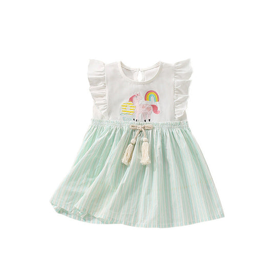 MyKids-USA® Summer Arrival Cartoon Animals and Rainbow Pattern Fly Sleevels Dress for Stylish Girls