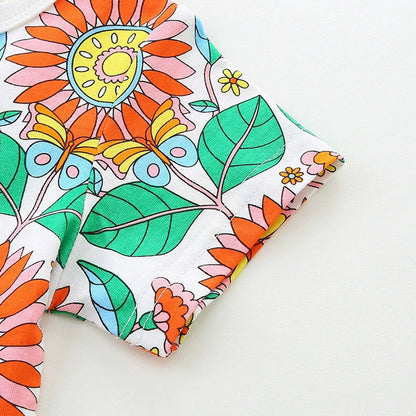 MyKids-USA® Pure Cotton Colorful Flowers Pattern Short Sleeves Dress for Stylish Girls