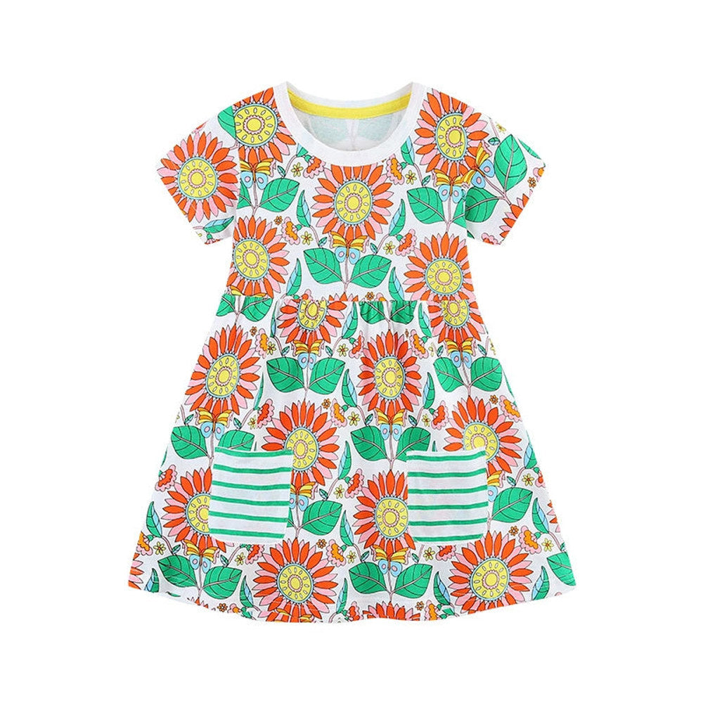 MyKids-USA® Pure Cotton Colorful Flowers Pattern Short Sleeves Dress for Stylish Girls