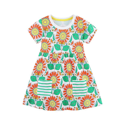 MyKids-USA® Pure Cotton Colorful Flowers Pattern Short Sleeves Dress for Stylish Girls
