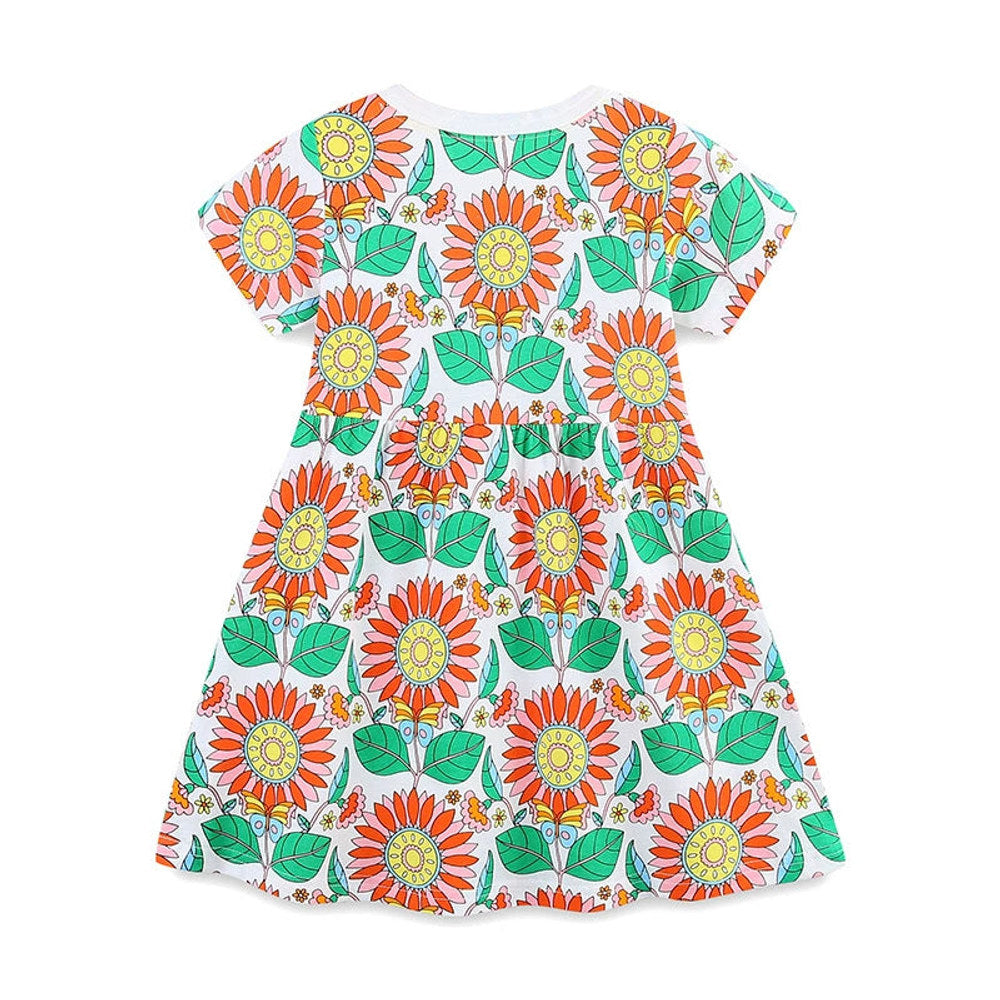 MyKids-USA® Pure Cotton Colorful Flowers Pattern Short Sleeves Dress for Stylish Girls