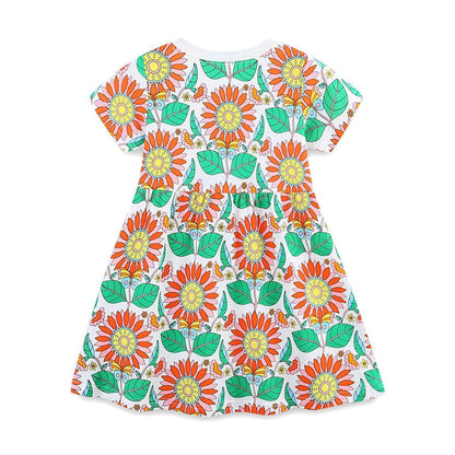 MyKids-USA® Pure Cotton Colorful Flowers Pattern Short Sleeves Dress for Stylish Girls