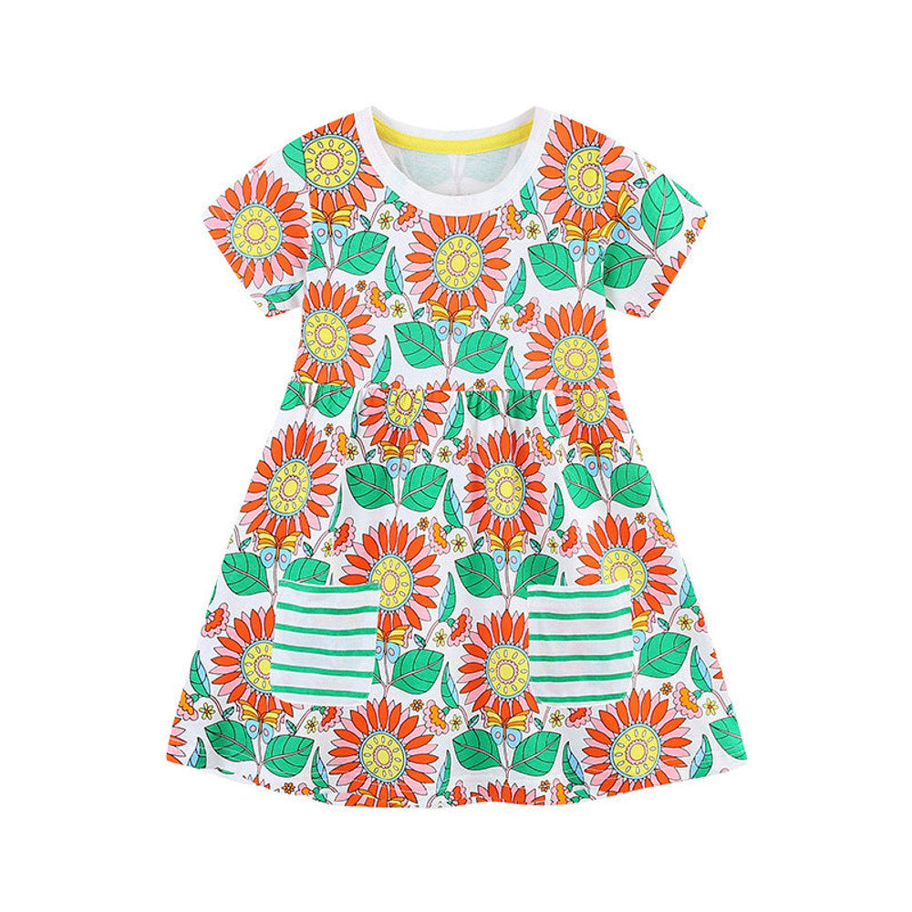 MyKids-USA® Pure Cotton Colorful Flowers Pattern Short Sleeves Dress for Stylish Girls