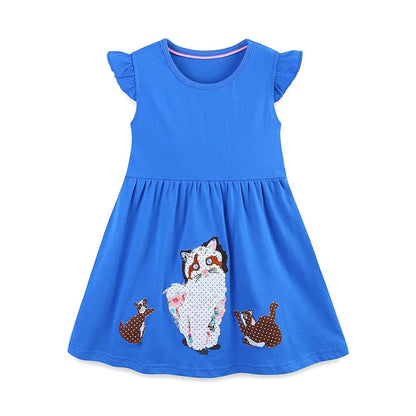 MyKids-USA® Pure Cotton Cute Cartoon Mouse and Cat Pattern Fly Sleeves Dress for Stylish Girls