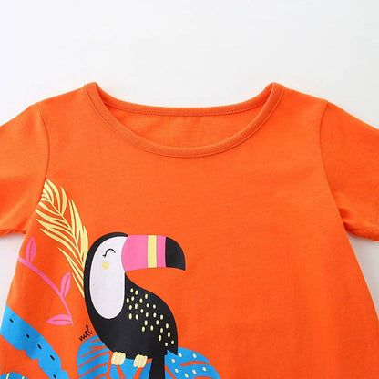 MyKids-USA® Cute Bird Cartoon Pattern Short Sleeves Dress for Stylish Girls
