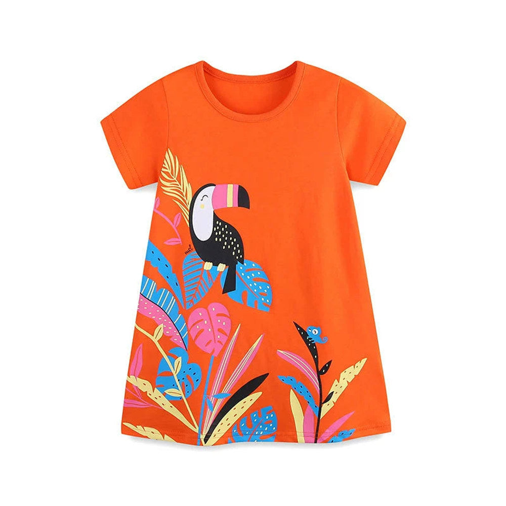 MyKids-USA® Cute Bird Cartoon Pattern Short Sleeves Dress for Stylish Girls