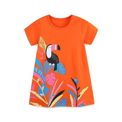 MyKids-USA® Cute Bird Cartoon Pattern Short Sleeves Dress for Stylish Girls