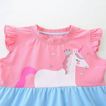 MyKids-USA® Cute Unicorn Cartoon Pattern Fly Sleeves Dress