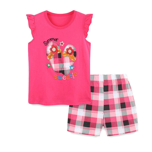 MyKids-USA® Baby Kids Cute Cartoon and Plaid Pattern Vest and Shorts Clothing Set for Girls