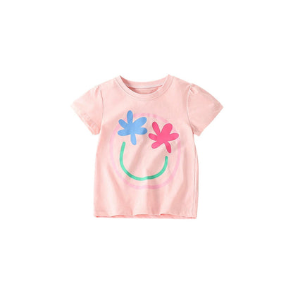 MyKids-USA® Summer Arrival Girls’ Flowers and Smiling Face Pattern Short Sleeves T-shirt in European and American Style