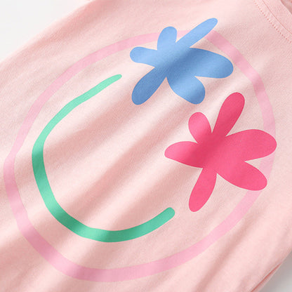 MyKids-USA® Summer Arrival Girls’ Flowers and Smiling Face Pattern Short Sleeves T-shirt in European and American Style
