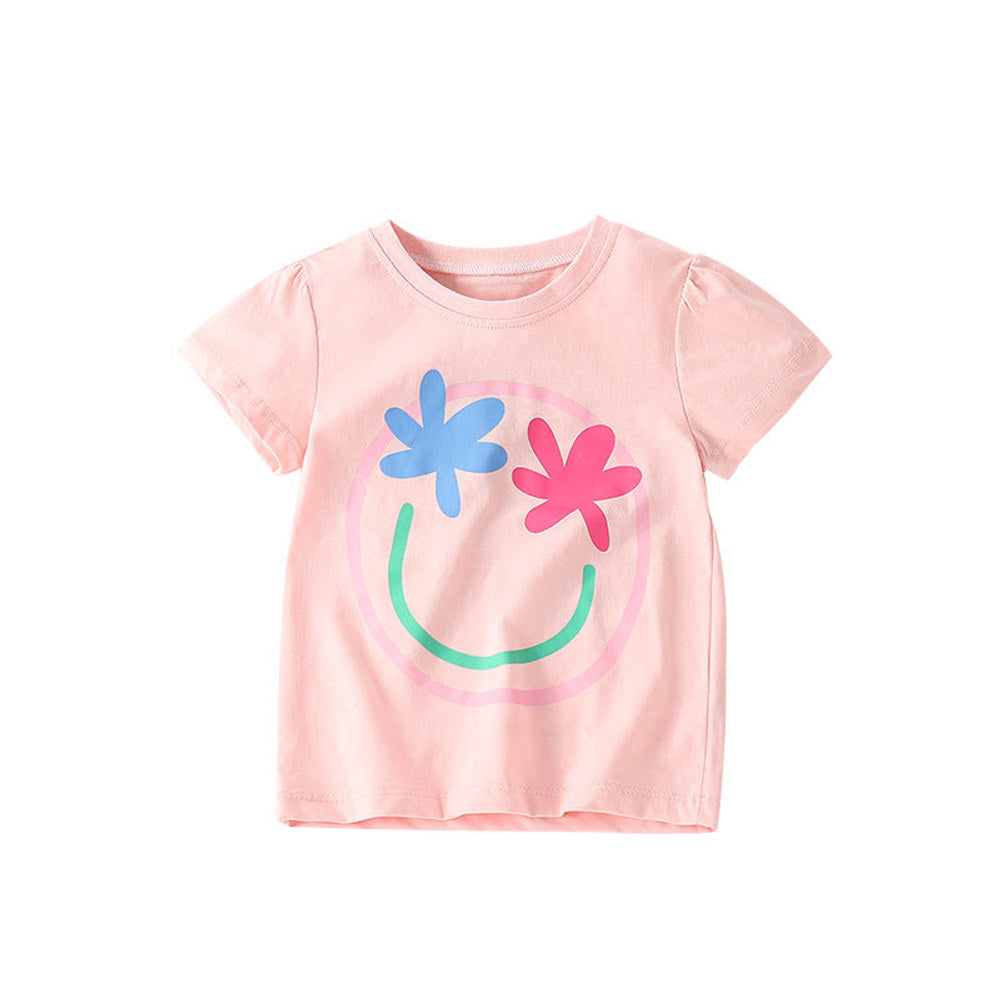 MyKids-USA® Summer Arrival Girls’ Flowers and Smiling Face Pattern Short Sleeves T-shirt in European and American Style