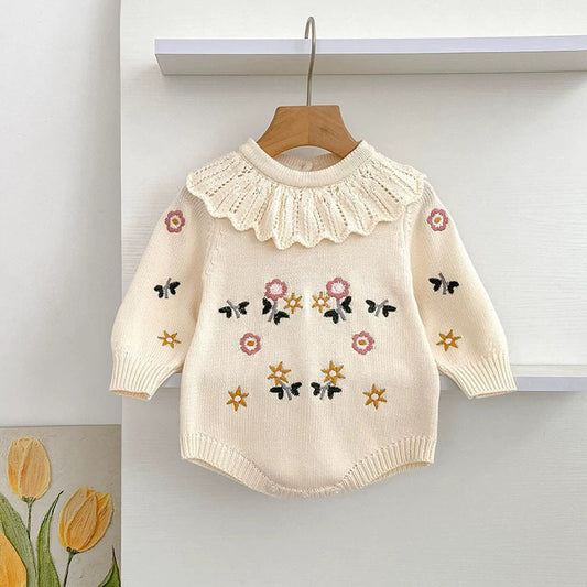 MyKids-USA® Baby Girls Knitted Long Sleeves Flowers Embroidered Pattern bodysuit