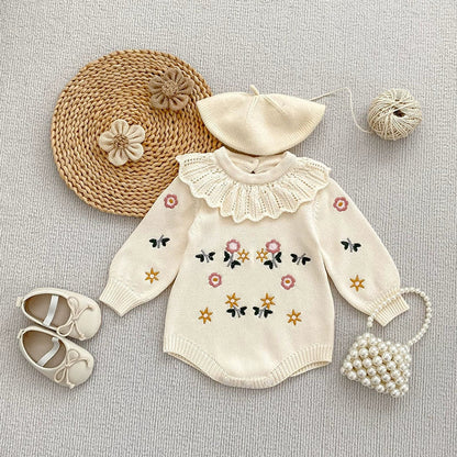 Autumn Arrival Baby Girls Knitted Long Sleeves Flowers Embroidered Pattern bodysuit