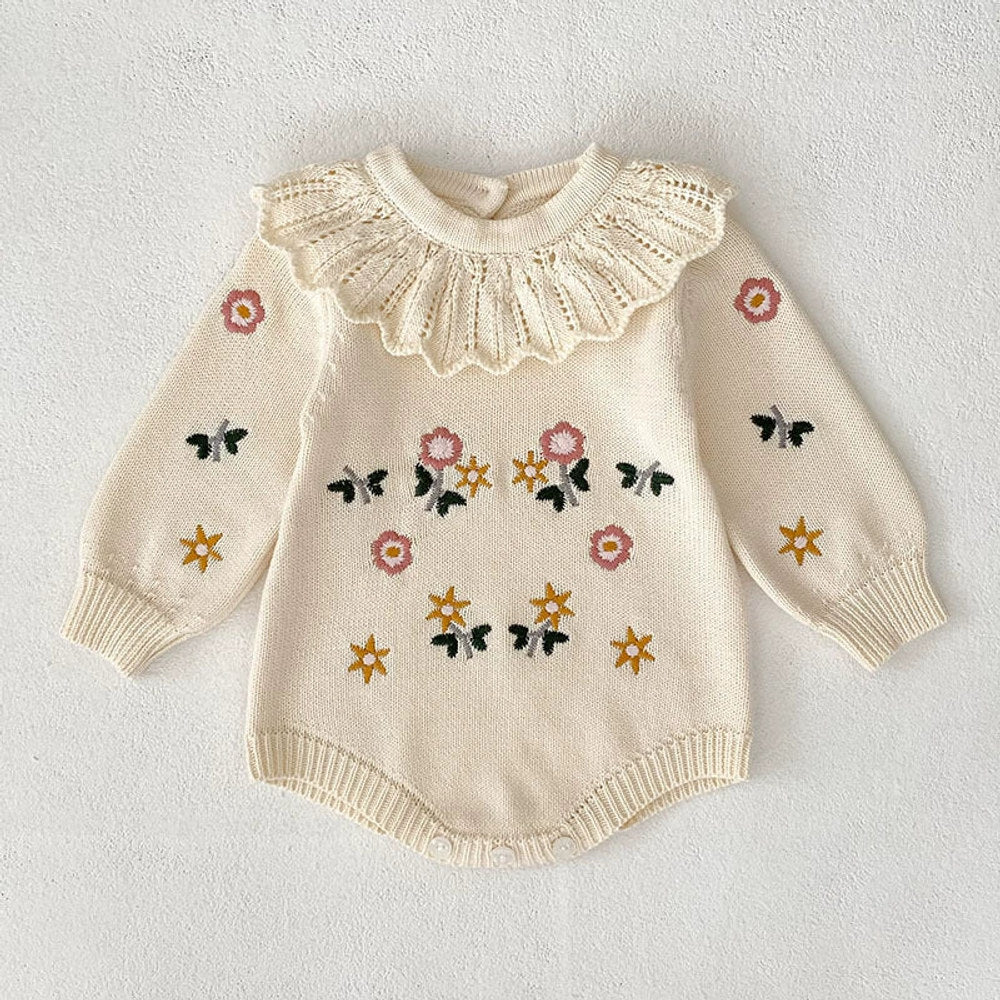 Autumn Arrival Baby Girls Knitted Long Sleeves Flowers Embroidered Pattern bodysuit