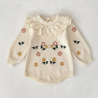 Autumn Arrival Baby Girls Knitted Long Sleeves Flowers Embroidered Pattern bodysuit