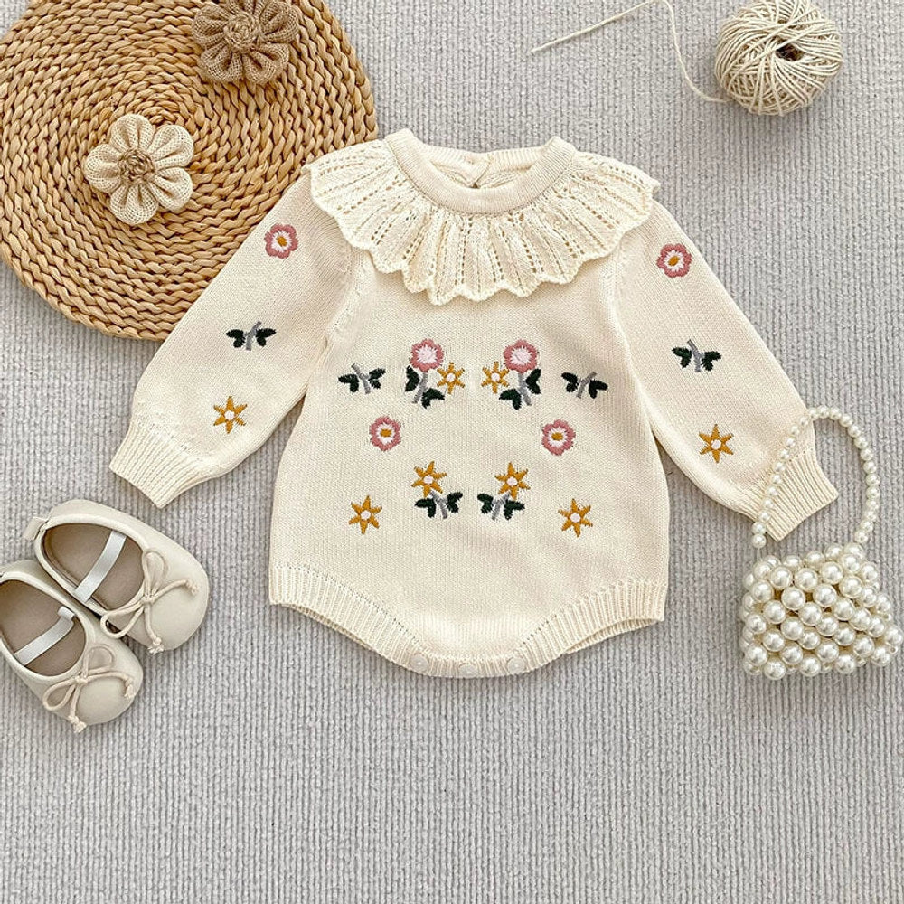 Autumn Arrival Baby Girls Knitted Long Sleeves Flowers Embroidered Pattern bodysuit